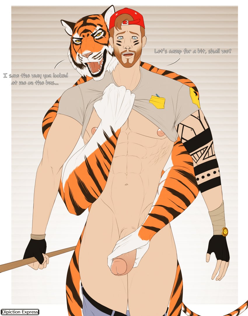 absurd_res anthro arm_tattoo bottomwear bottomwear_down clothed clothing clothing_lift depictionexpress dialogue dominant dominant_anthro duo english_text epic_games felid fortnite genitals gloves handwear hat headgear headwear hi_res human humanoid_genitalia male male/male mammal masturbating_to_other masturbation muscular muscular_anthro muscular_male nipples nude_anthro nude_male oscar_(fortnite) pantherine pants pants_down partially_clothed pink_nipples shirt shirt_lift simple_background submissive submissive_human suggestive_dialogue talking_to_another talking_to_partner tattoo text tiger topwear undressing_another