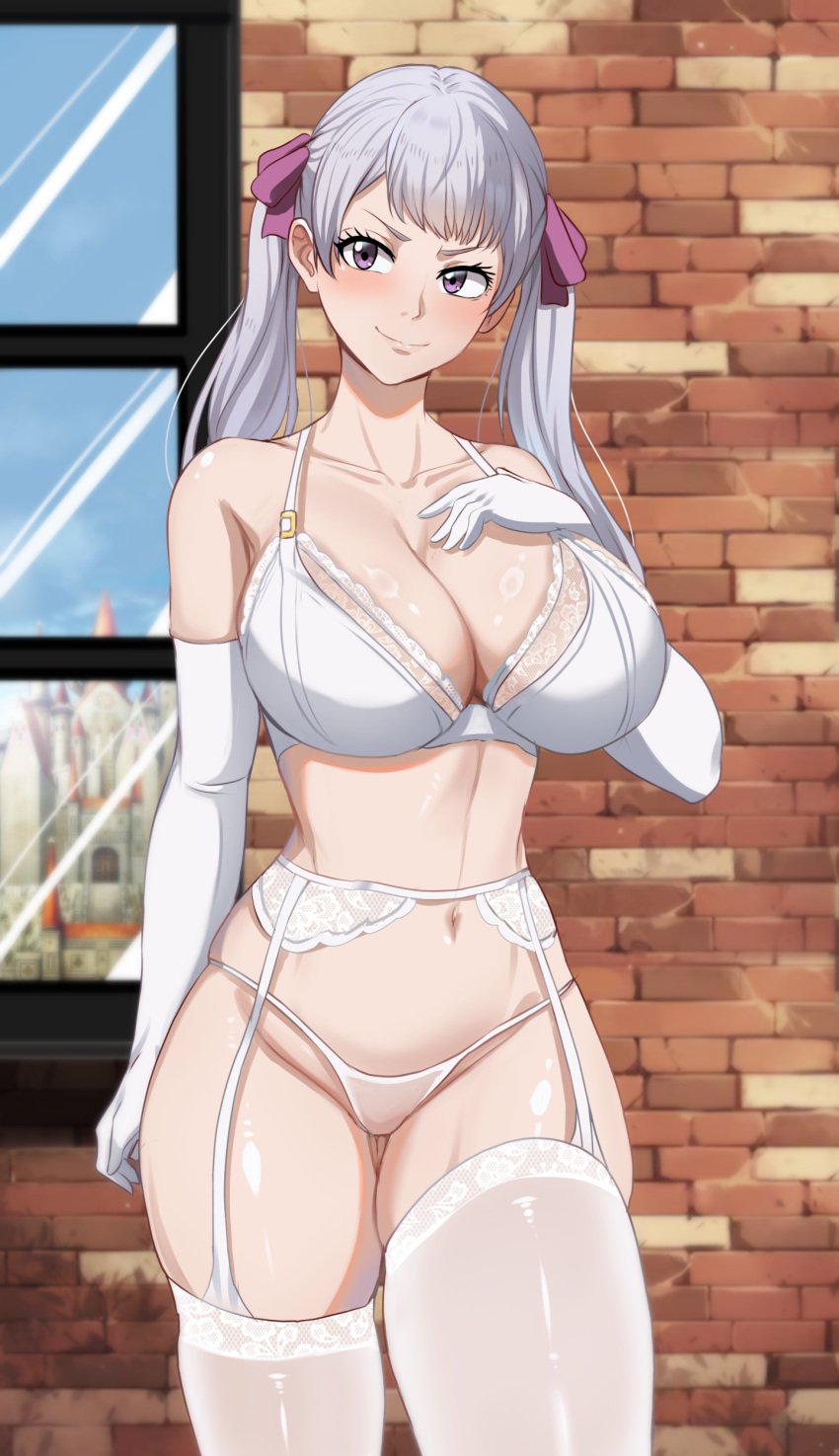 1girls big_breasts black_clover blush bra breasts curvy gloves hi_res hourglass_figure huge_breasts large_breasts lingerie noelle_silva panties purple_eyes royalty shiny_skin silver_hair smile stockings the_amazing_gambit thick_thighs thighhighs thighs thong twintails voluptuous wide_hips