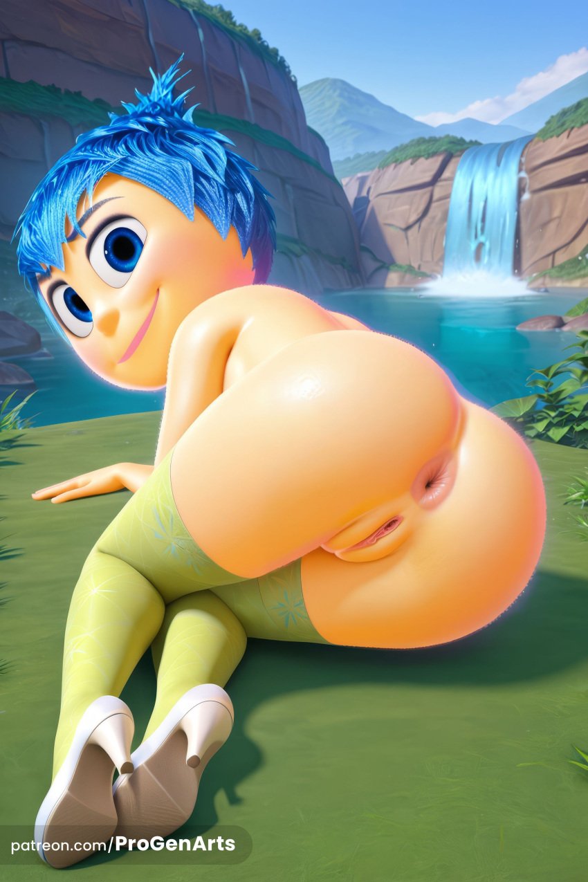 1girls ai_generated anus ass blue_eyes blue_hair day disney from_behind green_thighhighs hi_res humanization inside_out inside_out_2 joy_(inside_out) loli looking_at_viewer looking_back lying nude outdoors patreon_username personification pixar progenarts pussy shoes short_hair smile solo thighhighs uncensored water waterfall web_address white_footwear