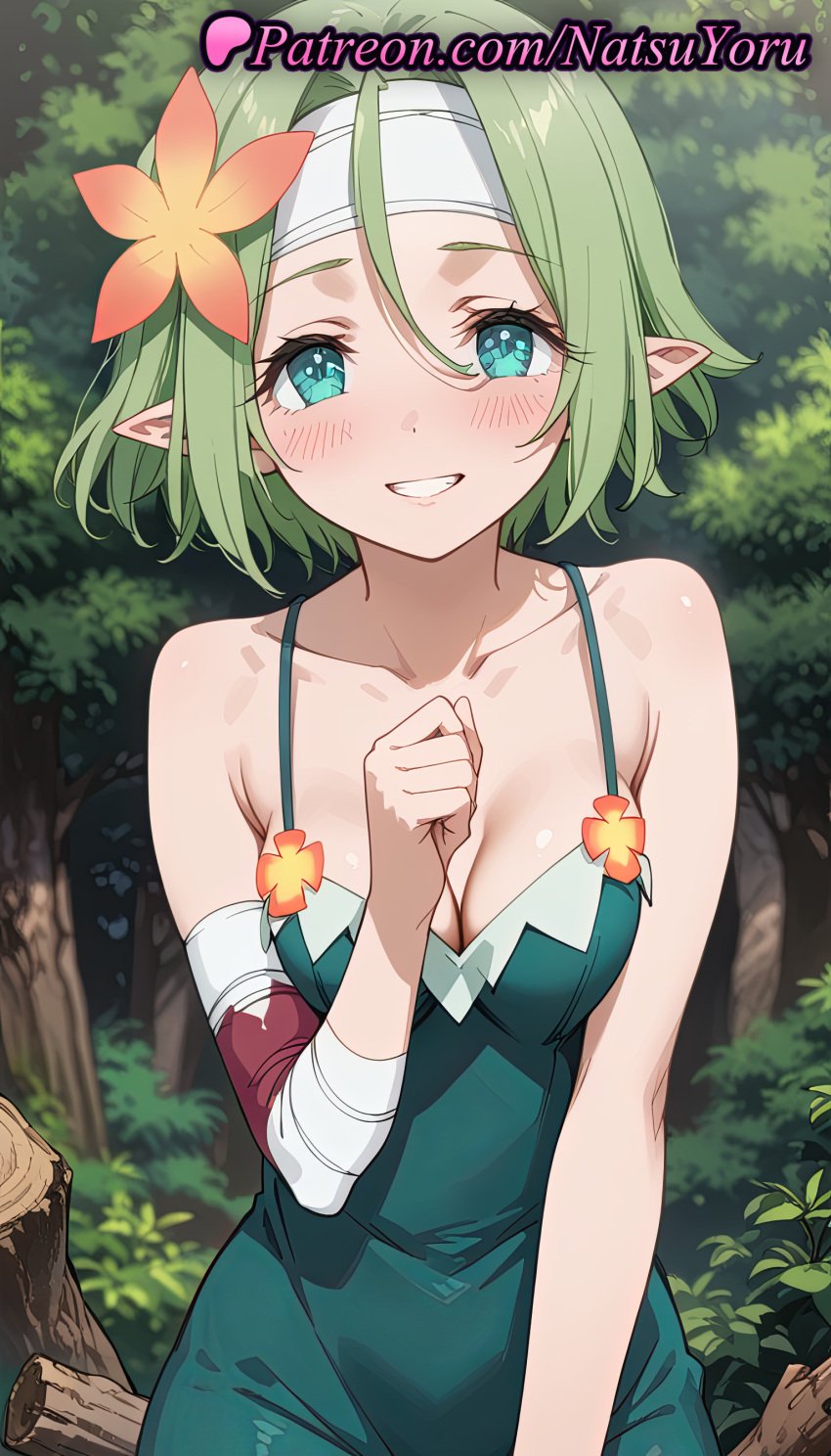 1girls ai_generated anime anime_style aqua_eyes bandaged_arm bandages bare_shoulders blush breasts bust busty cleavage collarbone day dress elf elf_ears female female_focus female_only flower flowers forest green_dress green_eyes green_hair grin hair_between_eyes hair_flower hair_ornament hand_up headband hentai kono_subarashii_sekai_ni_shukufuku_wo! looking_at_viewer medium_breasts natsuyoru nature orange_flower outdoors pointed_ears pointy_ears short_hair sleeveless sleeveless_dress smile solo solo_female spaghetti_strap tranquility_girl tree tree_stump voluptuous voluptuous_female white_headband