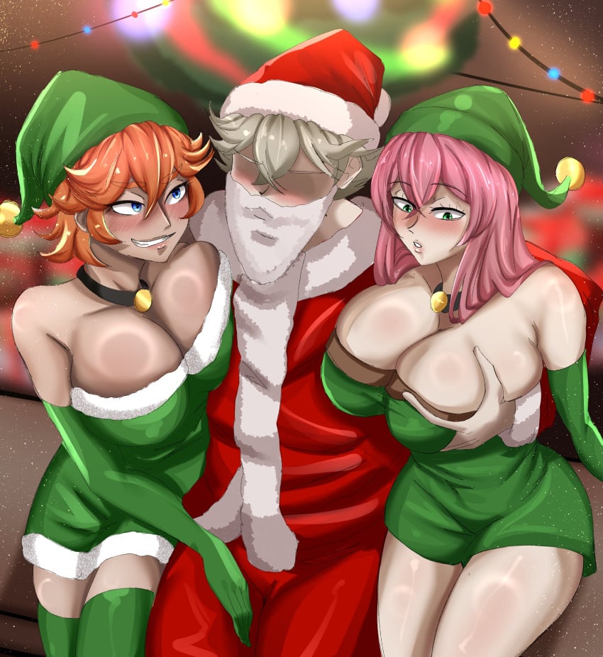 1boy 1boy2girls 2girls asta_(black_clover) black_clover blue_eyes blush blushing blushing_female blushing_male boob_grab christmas cictemart18 elf elf_hat female green_eyes imminent_sex male mereoleona_vermillion orange_hair pink_hair princia_funnybunny santa_claus_(cosplay) santa_costume santa_hat tagme