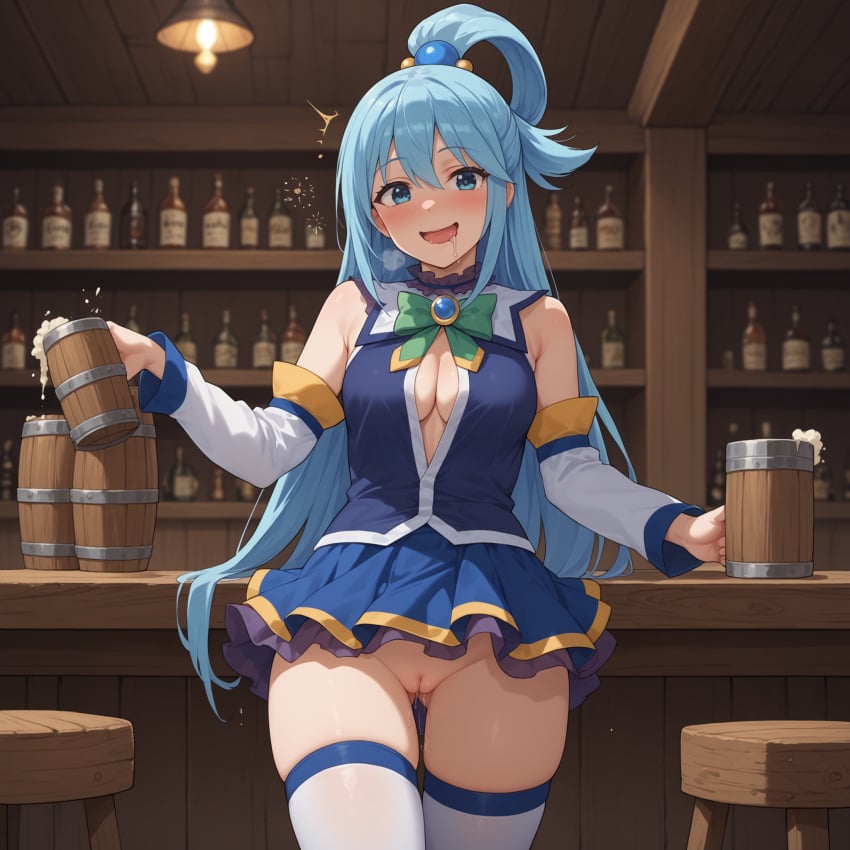 ai_generated alcohol aqua_(konosuba) beer blue_eyes blue_hair blush cleavage drooling drunk drunk_bubble female ikudo kono_subarashii_sekai_ni_shukufuku_wo! looking_at_viewer open_clothes open_mouth pussy pussy_juice tavern uncensored upskirt wet_pussy