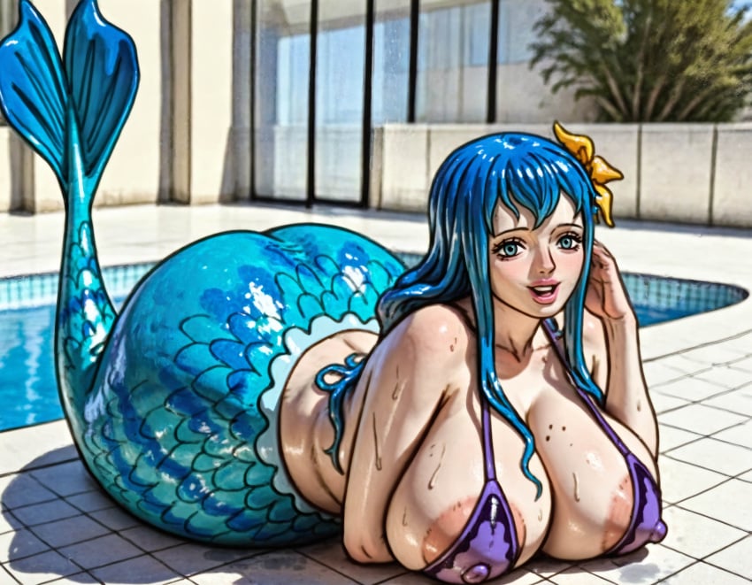 1girls ai_generated blue_eyes blue_hair blue_tail female female_only flower_in_hair hand_below_breasts huge_ass huge_breasts matronai_(artist) mermaid mermaid_tail mero_(one_piece) one_piece pool poolside purple_bikini