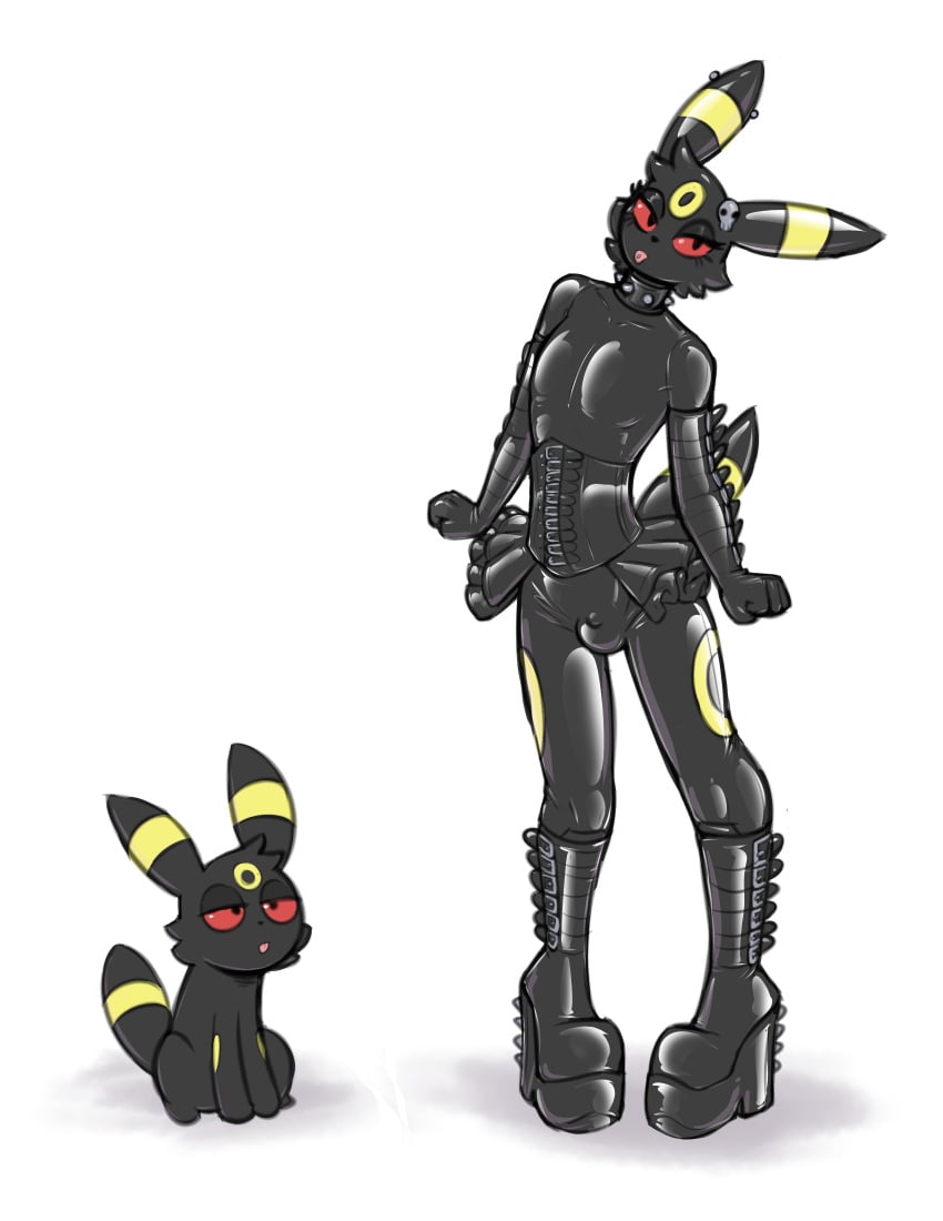 anthro bodysuit buckle bulge corset crossdressing ear_piercing eyelashes femboy flat_chest gloves goth goth_boy helixjack latex latex_clothing nintendo piercings platform_boots platform_heels pokemon pokemon_(species) rubber skirt spiked_collar tongue_out tongue_piercing umbreon