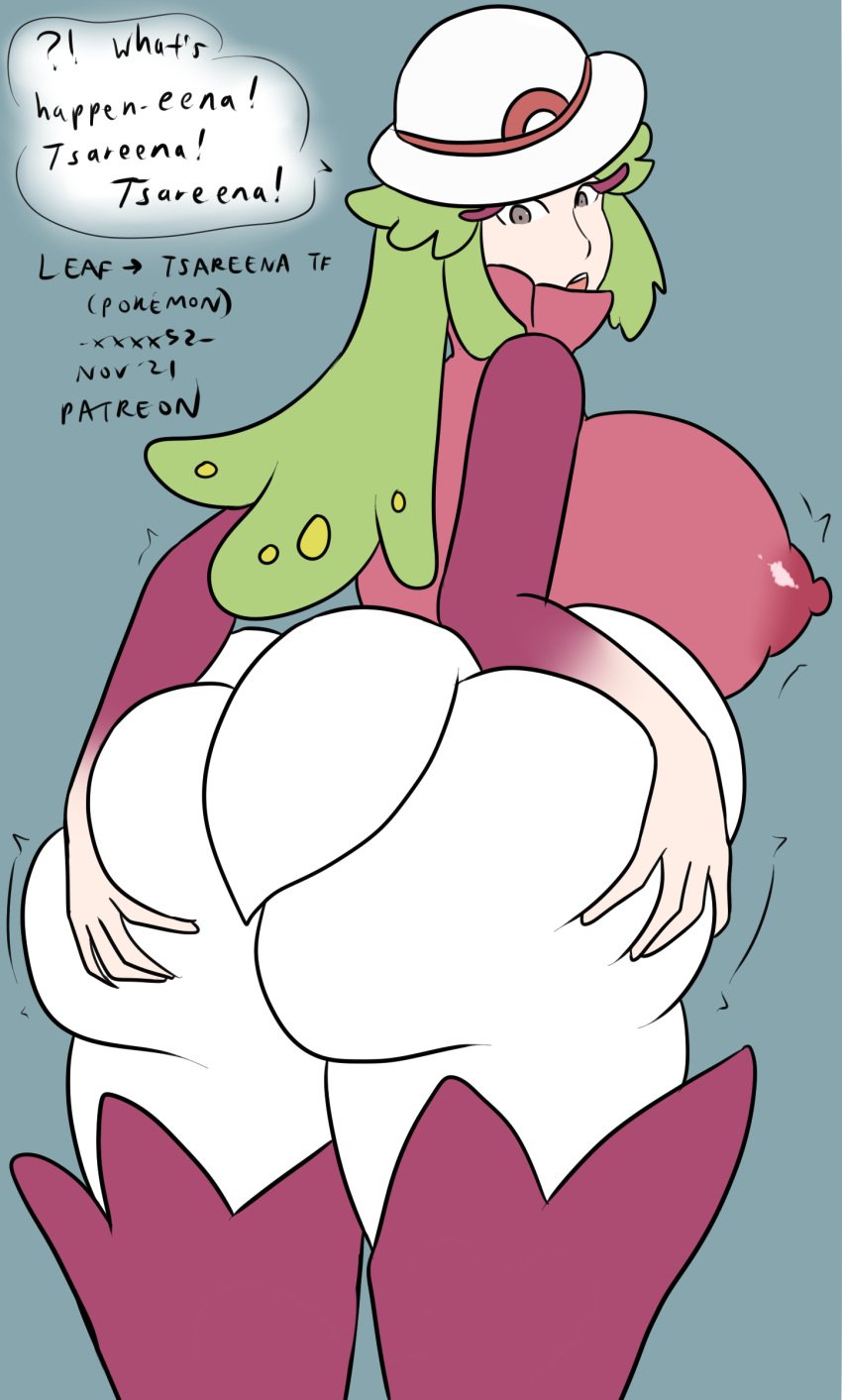 aged_up ass_expansion ass_grab big_ass big_breasts breast_expansion brown_eyes dialogue female female_only green_hair huge_ass huge_breasts human_to_anthro human_to_pokemon leaf_(pokemon) naked plant_girl pokemon pokemon_(species) speech_bubble transformation tsareena xxxx52