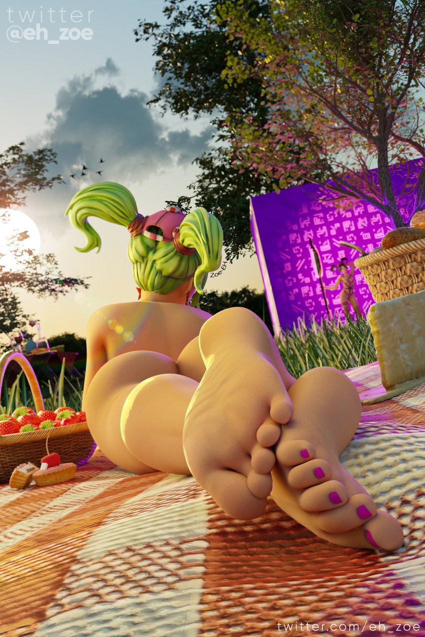 3d ass earrings feet feet_focus female female_only fortnite fortnite:_battle_royale green_hair hat laying_on_stomach light-skinned_female light_skin nude nude_female outside painted_nails painted_toenails picnic tagme twintails zoe3dx zoey_(fortnite)