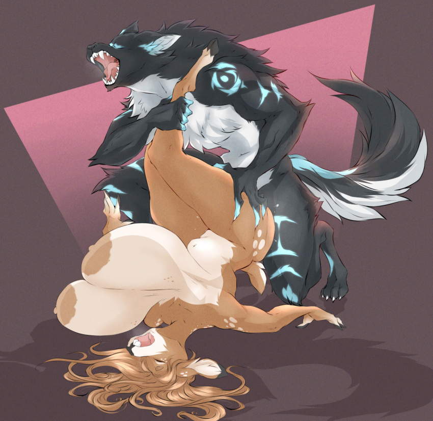 1boy 1girls ankle_grab anthro anthro_on_anthro anthro_penetrated anthro_penetrating anthro_penetrating_anthro big_breasts black_body black_fur blue_markings breasts breasts_bigger_than_head brown_body brown_fur brown_hair buckteeth canid canine chest_tuft deer dullvivid duo fangs female female_penetrated fiona_fawnbags_(dullvivid) fur gigantic_breasts hair hi_res hooves huge_breasts leg_grab looking_pleasured male male/female male_penetrating male_penetrating_female mammal markings multicolored_body multicolored_fur mythological_canine mythological_creature mythology new_world_deer nipples nude open_mouth penetration penile penile_penetration penis_in_pussy sagging_breasts sex spots spotted_body spotted_fur spotted_markings stomach_bulge tan_body tan_fur tan_nipples tan_spots teeth tuft two_tone_body two_tone_fur vaginal_penetration werecanid werecanine werecreature werewolf white-tailed_deer white_body white_fur