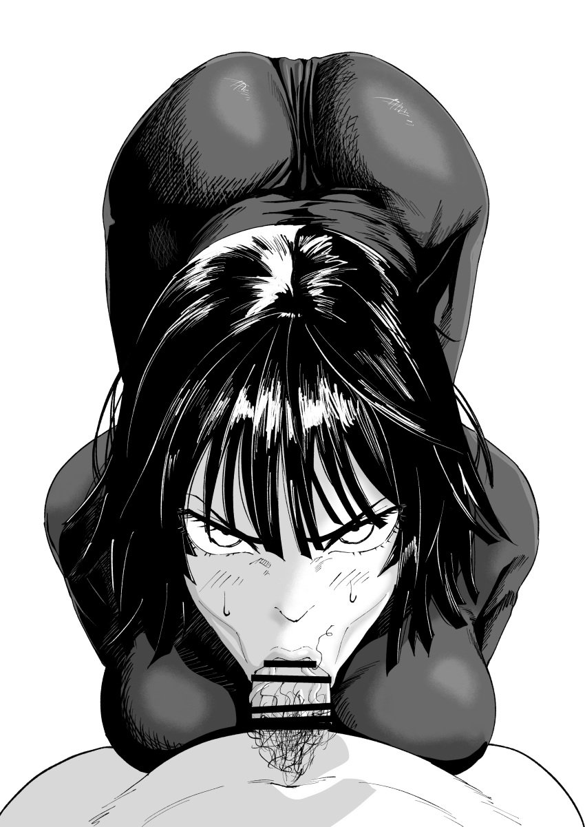 :>= angry angry_expression angry_eyes angry_face angry_fellatio assertive_female big_ass blowjob blowjob_face clothed_female_nude_male dominant_female face_down_ass_up fubuki_(one-punch_man) furious one-punch_man pubes_in_mouth pubic_hair slutty_clothing stray_pubic_hair veiny_penis