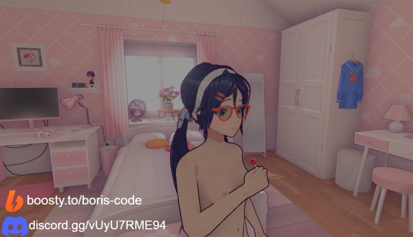 1female 1girls 3d blush breasts crazy_mita_(miside) cute cute_girl dark_purple_hair embarrassed embarrassed_female embarrassed_nude_female female female_focus female_only female_solo game_cg game_mod girl glasses hairband indigo_hair light-skinned_female light_skin miside mita_(miside) mod naked naked_female nipples nude nude_female ponytail purple_hair pussy russian_text solo_female standing tagme tagme_(artist)