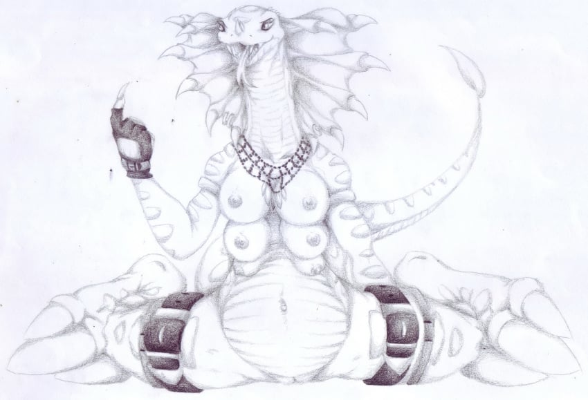 absurd_res anthro beckoning belt breasts caleb_magness claws clothing fangs female fingerless_gloves forked_tongue gloves greyscale hi_res jewelry monochrome multi_breast necklace nipples open_mouth primal_rage pussy scalie solo spikes toe_claws tongue vertigo_(primal_rage) vinvagia