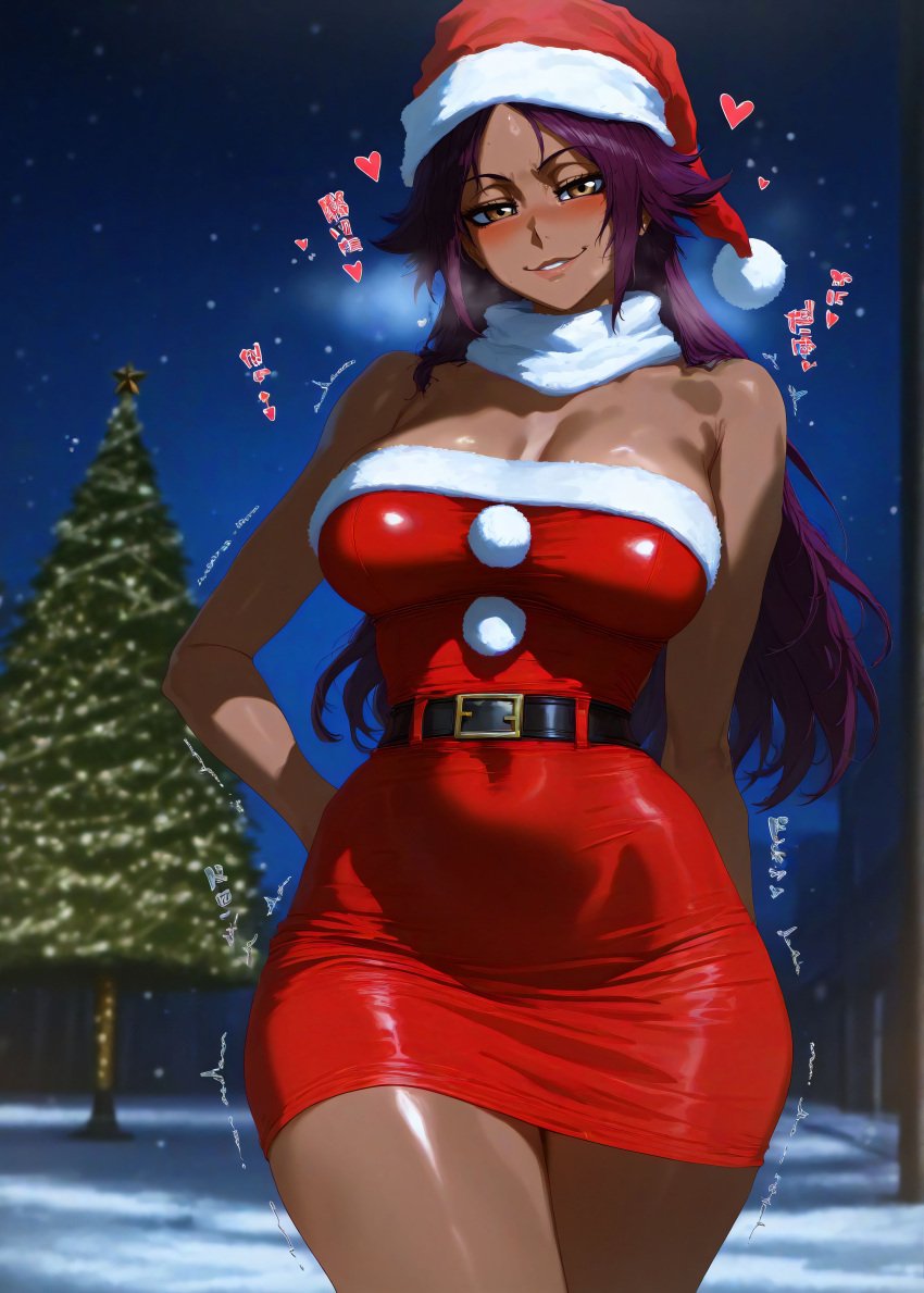 ai_generated bleach blush breasts christmas christmas_outfit dark_skin gintoai looking_at_viewer shihouin_yoruichi