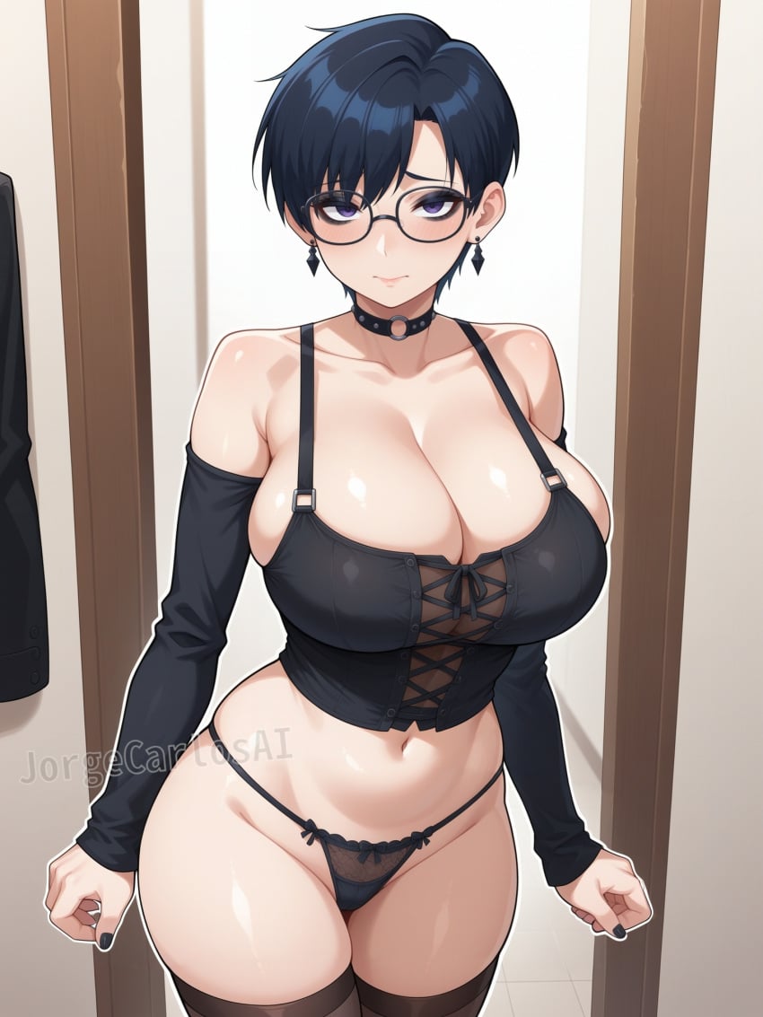 ai_generated black_clothes black_clothing black_glasses black_hair black_nail_polish black_nails black_thong black_thong_panties black_underwear blush blush blush_lines blushing_at_viewer breasts breasts breasts busty busty_female busty_girl cleavage collar detached_sleeves earrings female female female_focus female_only glasses huge_boobs huge_breasts huge_breasts jorgecarlosai mature mature_female mature_woman milf navel purple_eyes sexy short_hair sleeves standing thigh_highs thighhighs thighs thong underwear watermark