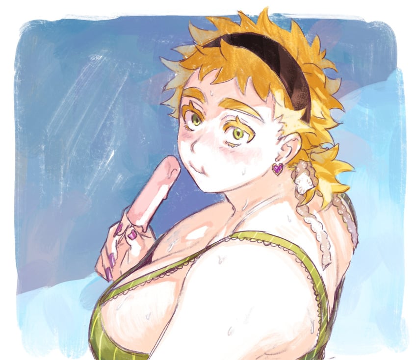 big_breasts blonde_hair blush cleavage earrings female female_only fully_clothed genderswap_(mtf) green_eyes hairband kengan_(series) kengan_ashura looking_at_viewer looking_back medium_hair mullet pale-skinned_female pale_skin popsicle rihito rule_63 sideboob solo sweat tank_top thehounds thick_eyebrows thick_eyelashes upper_body wholesome