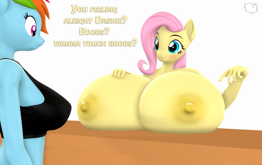 3d_(artwork) absurd_res anthro anthrofied big_breasts boobs?_wanna_touch_boobs? bra breasts clothing digital_media_(artwork) duo equid equine female female/female fluttershy_(mlp) friendship_is_magic furniture hasbro hi_res horse huge_breasts hyper hyper_breasts looking_at_another mammal marshmallow-pone meme my_little_pony mythological_creature mythological_equine mythology nipples offering_to_another pegasus pony rainbow_dash_(mlp) sports_bra table underwear wings