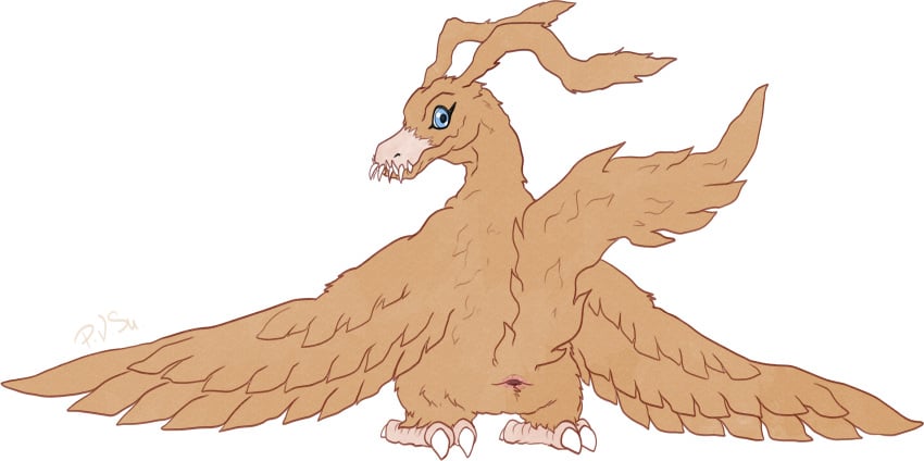 absurd_res ambiguous_gender animal_genitalia avian bandai_namco bird birdramon blue_eyes claws cloaca digimon digimon_(species) dragon dramon female feral genitals hi_res looking_at_viewer mythological_creature mythological_scalie mythology orange_body p.v.su rear_view scalie solo tail teeth wings