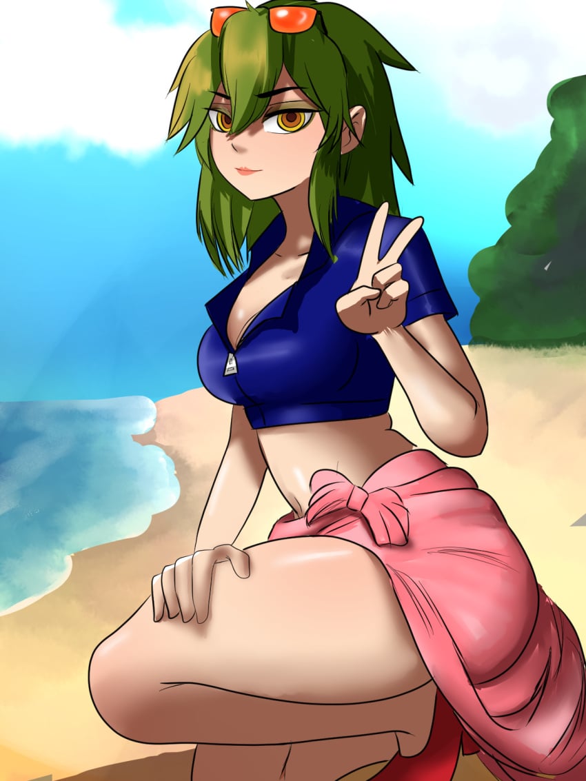 asymmetrical_clothes beach brown_eyes clothing colombian female female_focus flat_chest freckles green_hair green_nails hispanic hispanic_virtual_youtuber indie_virtual_youtuber larepl1ka latam_virtual_youtuber light-skinned_female light_skin on_one_knee peace_sign ryumivt sea short_hair small_breasts solo_focus sunglasses sunglasses_on_head twitch twitch.tv virtual_youtuber vtuber yellow_eyes youtube youtube_hispanic