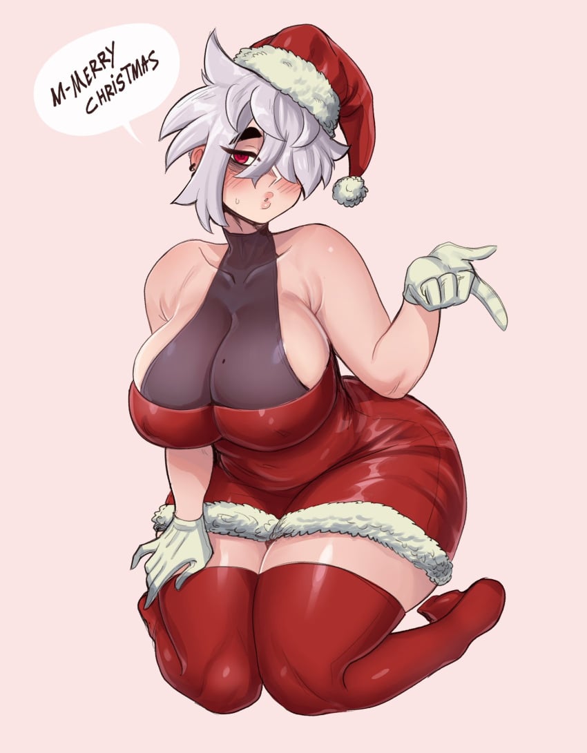 aunt_hellen_(insouwu) blush christmas christmas_outfit insouwu legwear oc on_knees original_character red_eyes santa_hat solo solo_female text white_hair