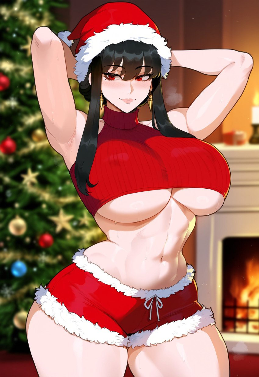 1girls ai_generated before_sex belly_button big_breasts black_hair christmas christmas_clothing christmas_outfit creamy_ai light_skin red_eyes sexy_belly sexy_body sexy_clothing solo spy_x_family thiccwithaq_(ai_style) thick_thighs yor_briar yor_forger