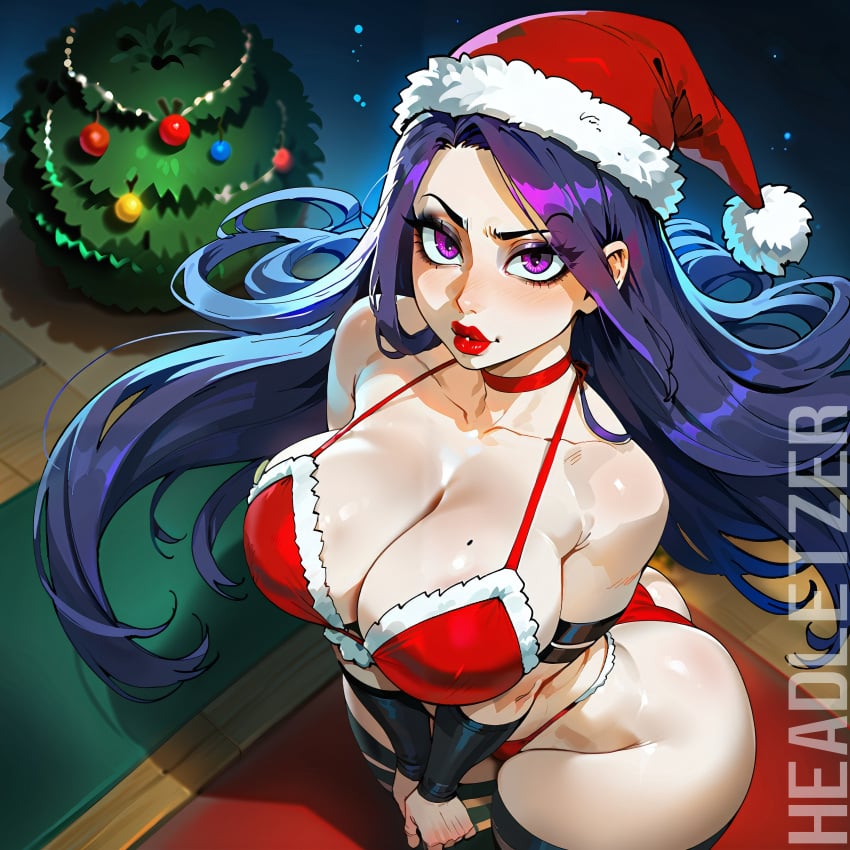 ai_generated big_ass big_breasts christmas christmas_outfit headletzer looking_at_viewer mole_on_breast psylocke psylocke_(marvel_rivals) red_lipstick santa_hat tagme wide_hips