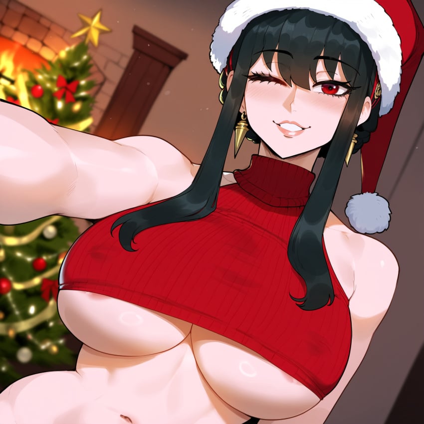 1girls ai_generated before_sex belly_button big_breasts black_hair christmas christmas_clothing christmas_outfit creamy_ai light_skin nipples nipples_visible_through_bra red_eyes sexy_belly sexy_body sexy_clothing smile smiley_face solo spy_x_family thiccwithaq_(ai_style) yor_briar yor_forger