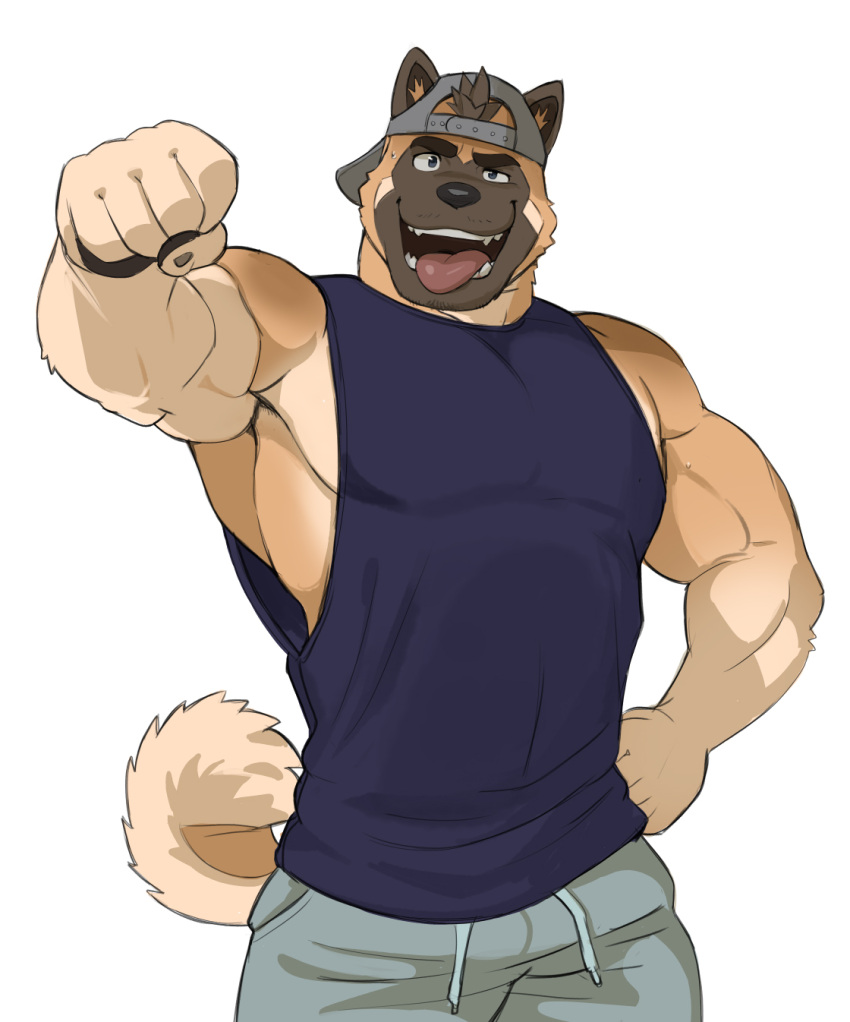 2021 cap clothed domestic_dog furry male muscular open_mouth saltypoundcake solo tan_body tongue_out