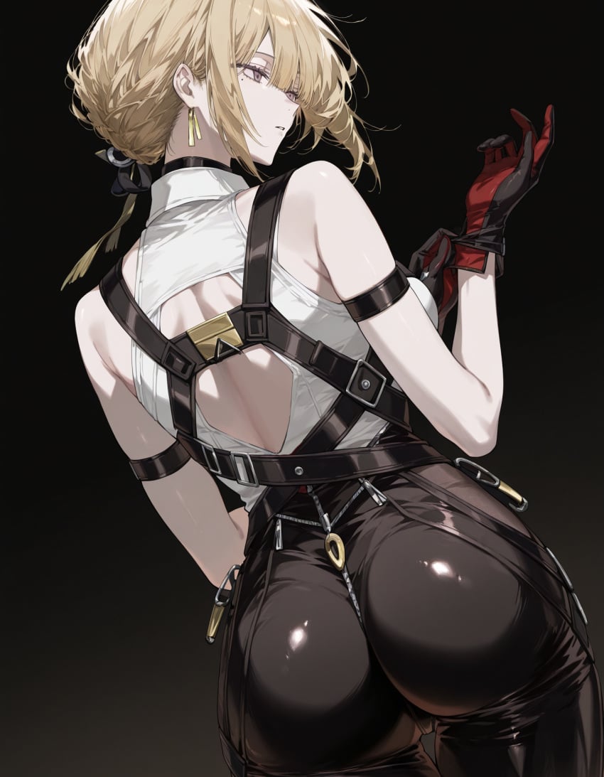 ai_generated ass ass_focus bare_shoulders bellmod3 blonde_hair breasts evelyn_chevalier female from_behind gloves large_breasts looking_at_viewer looking_back pants parted_lips red_eyes shiny shiny_clothes shiny_hair shiny_skin short_hair sideboob solo zenless_zone_zero