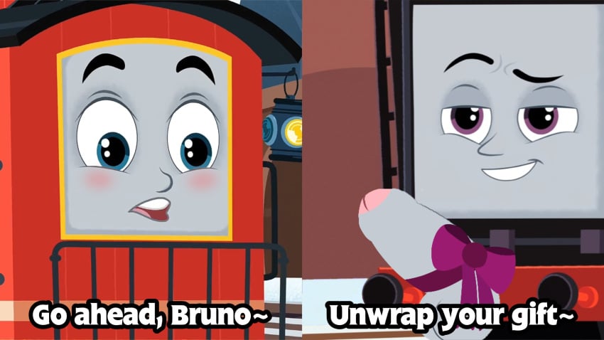 2boys accurate_art_style anthro blush brake_cussy bruno_the_brake_car caboose christmas dialogue diesel_(thomas_and_friends) edit edited edited_image edited_screencap erect_penis flustered gay gift gift_wrapped gift_wrapping locomotive mattel nightmare_fuel penis presenting_penis ribbon ribbons suprised text thomas_and_friends thomas_and_friends_all_engines_go train what why wrapped wrapped_in_ribbons wrapped_penis yaoi young