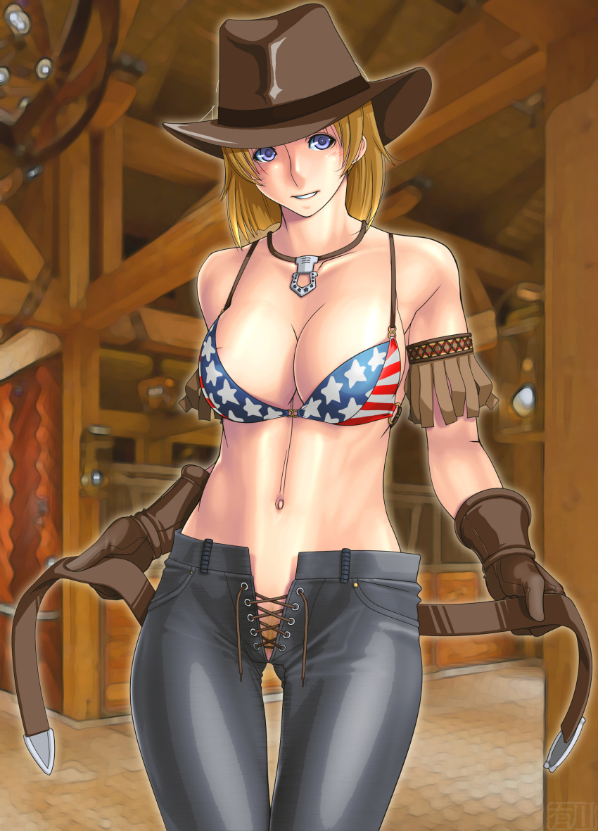 1girls american american_flag american_flag_bikini arikawa bare_shoulders belt bikini_top blonde_hair blue_eyes breasts brown_gloves cleavage cowboy_boots cowboy_gloves cowboy_hat cowboy_shot cowgirl dead_or_alive female female_focus female_only flag_print footwear gloves handwear hat headwear highres human indoors landing_strip large_breasts legs looking_at_viewer midriff navel no_panties pale_skin pants parted_lips pubic_hair pubic_hair_peek short_hair smile solo solo_female standing texan thighs tina_armstrong