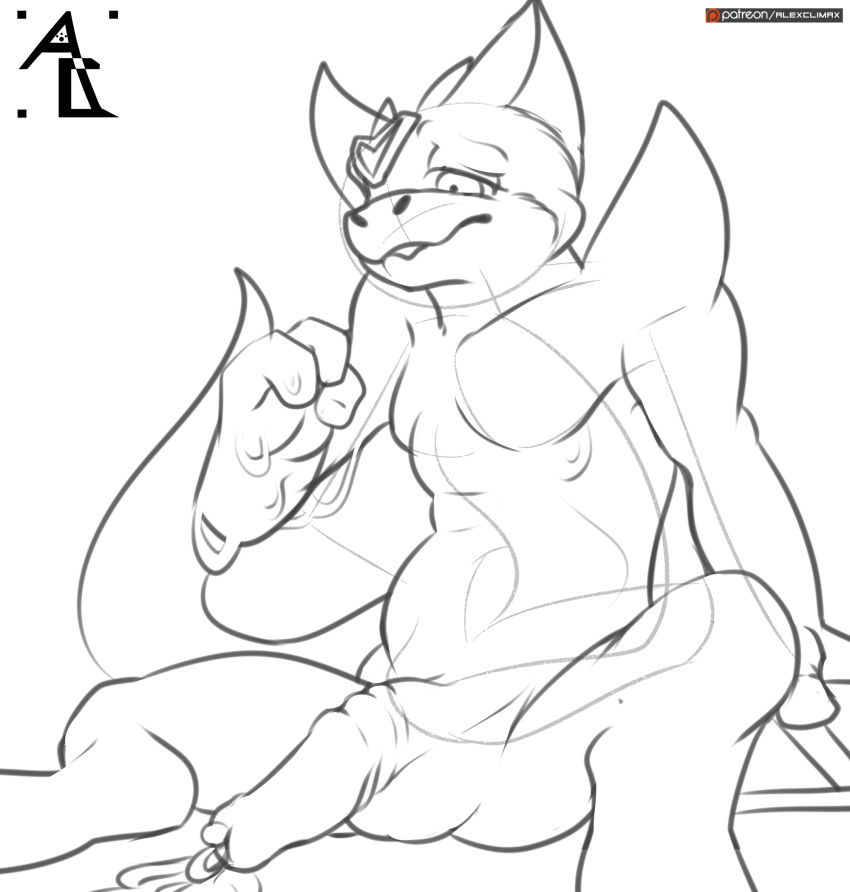 after_orgasm alexclimax anthro anthrofied ball cum cum_string digimon dorumon fan_character greyscale guide_lines half-closed_eyes line_art male_only monochrome nude pecs penis signature sitting solo spread_legs spreading