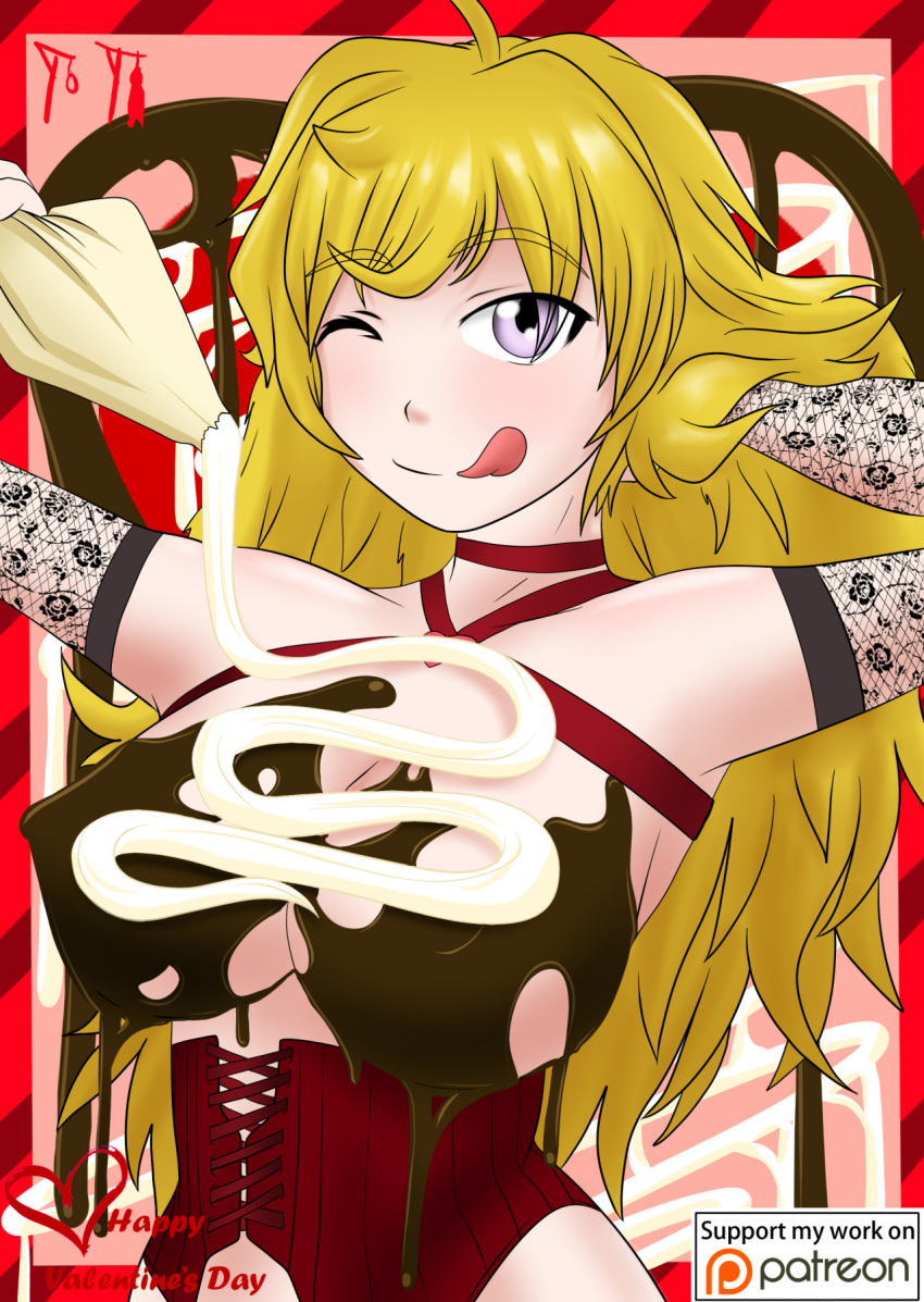 blonde_hair chocolate chocolate_on_breasts corset food food_play icing icing_bag nipple_bulge no_bra rwby suicidetoto tagme topless yang_xiao_long