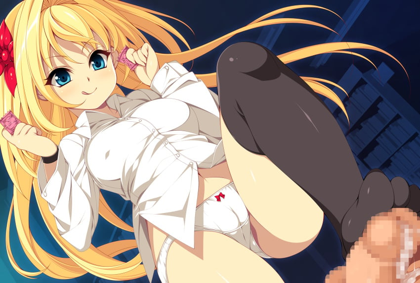 :q black_legwear blonde_hair blue_eyes bow bow_panties breasts cameltoe censored condom dress_shirt dutch_angle eyebrows_visible_through_hair femdom flower footjob footjob_with_legwear hair_flower hair_ornament highres indoors kinoshita_ichi leg_up long_sleeves looking_down medium_breasts mosaic_censoring naughty_face navel original panties precum shirt small_penis standing standing_footjob straight thighhighs tongue tongue_out underwear white_panties wristband