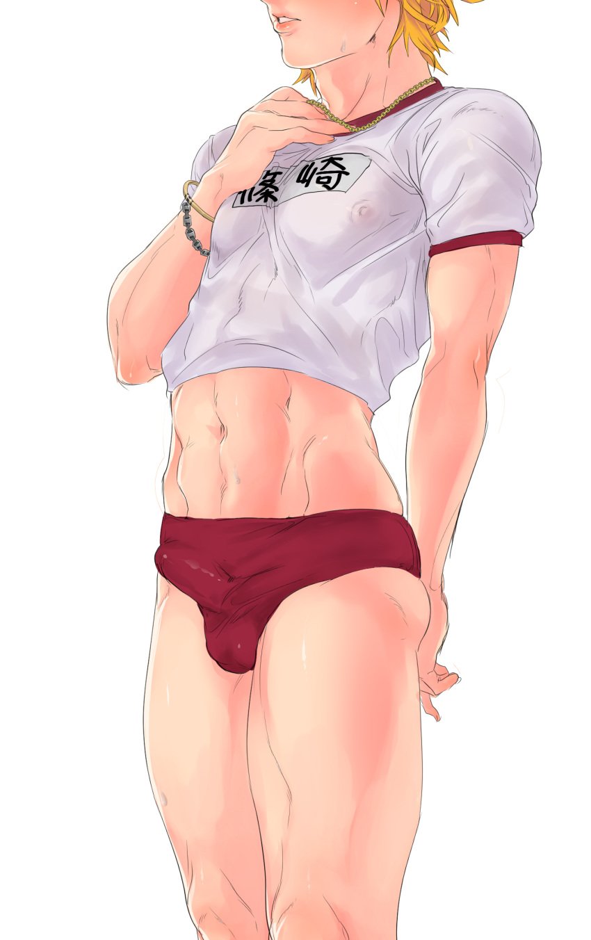 1boy abs blonde_hair blush bulge domon_seijirou fukai_ni_nemuru_oujo_no_abaddon male_only muscle nipples sweat tagme teeth tight_clothing wet