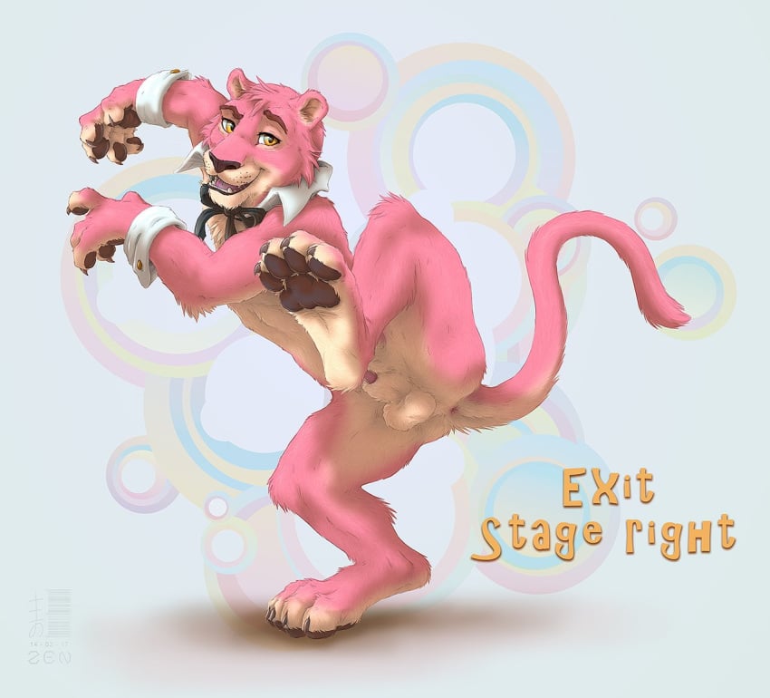 anthro anus detached_collar feline fur furry male male_only mammal paws penis pink_fur snagglepuss solo wrist_cuffs zen