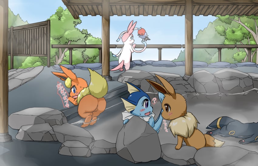 1girls ass avian bird canine detailed_background eevee eeveelution espeon female feral feral_on_feral flareon fletchling furry koorinezumi nintendo pokémon_(species) pokemon pokemon_gsc pokemon_xy pussy sylveon umbreon vaporeon video_games water