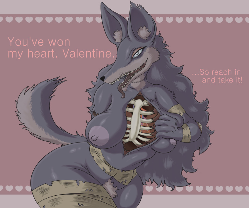 akularune anthro bandage big_breasts breasts canine female gore holidays liarborn mammal ribcage undead valentine's_day wolf zombie