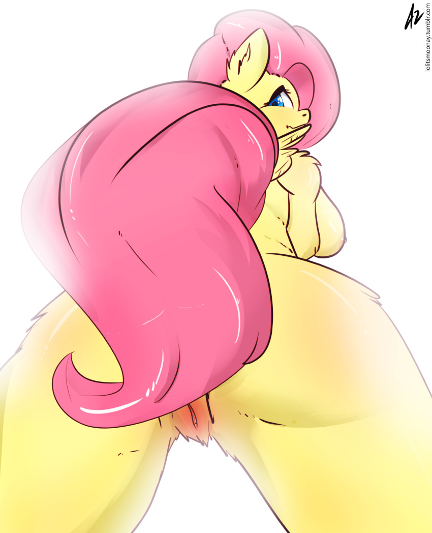 2017 anthro ass big_breasts blue_eyes breasts equine female fluttershy_(mlp) friendship_is_magic fur hair horse looking_at_viewer mammal moonway my_little_pony pegasus pink_hair pussy simple_background solo straight_hair wings yellow_fur