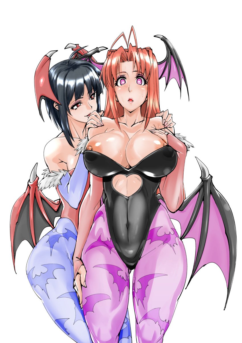 2girls ahoge animal_print antenna_hair areolae bare_shoulders bat_print bat_wings black_hair blue_legwear breasts bridal_gauntlets brown_hair capcom cleavage clothing cosplay covered_breasts darkstalkers demon_girl eyeshadow female female_only gauntlets hands_on_another's_shoulders head_wings heart heart-shaped_pupils heart_cutout high_resolution highres hips large_areolae large_breasts legs leotard lilith_aensland lilith_aensland_(cosplay) long_hair love_hina makeup medium_breasts mind_control morrigan_aensland morrigan_aensland_(cosplay) multiple_girls narusegawa_naru nipple_slip nipples otakumin pantyhose pink_eyes print_legwear print_pantyhose puckered_lips purple_eyes purple_legwear pussy_juice red_eyes red_hair shiny shiny_skin short_hair smile succubus sweat symbol-shaped_pupils thighs urashima_kanako white_background wings