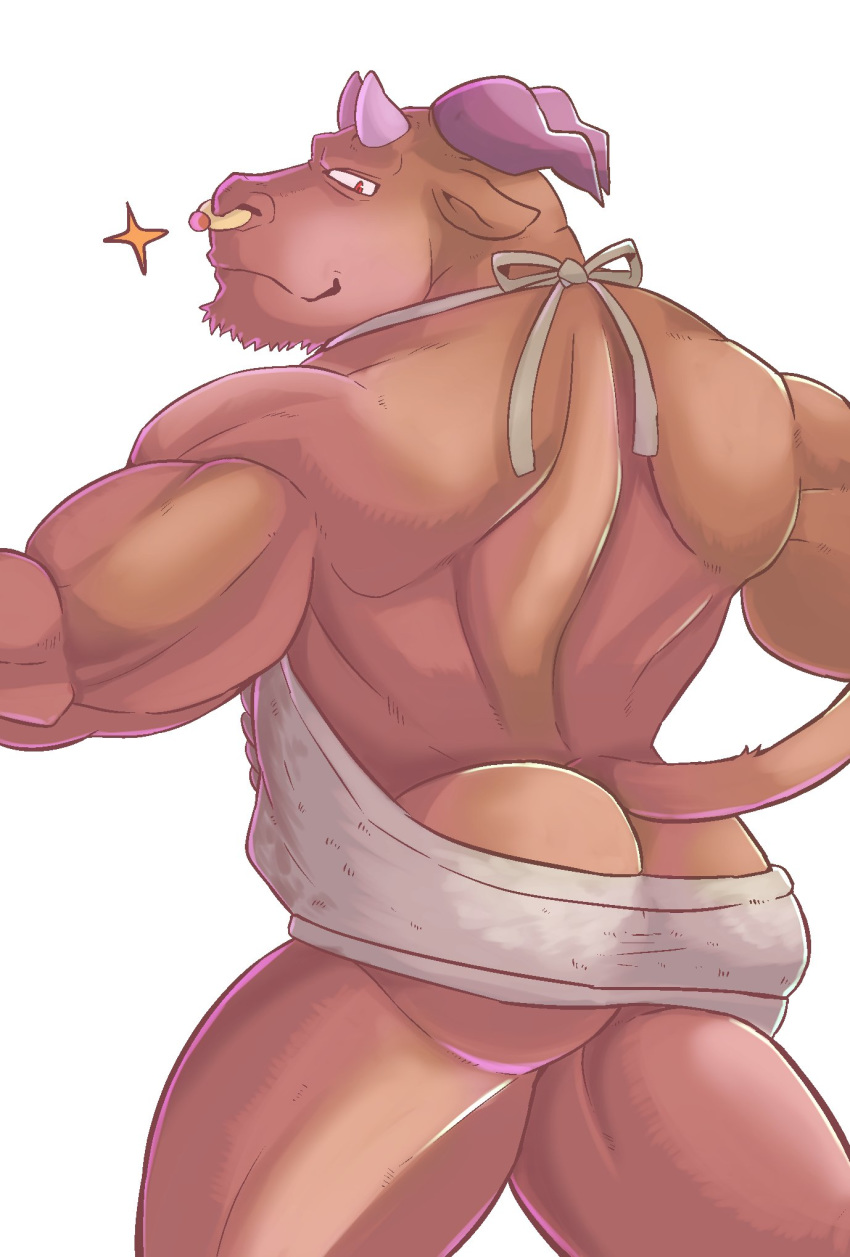 anthro ass bottomless bovine cattle clothed clothing colored looking_at_viewer male male_only mammal muscular rear_view seitora simple_background solo white_background