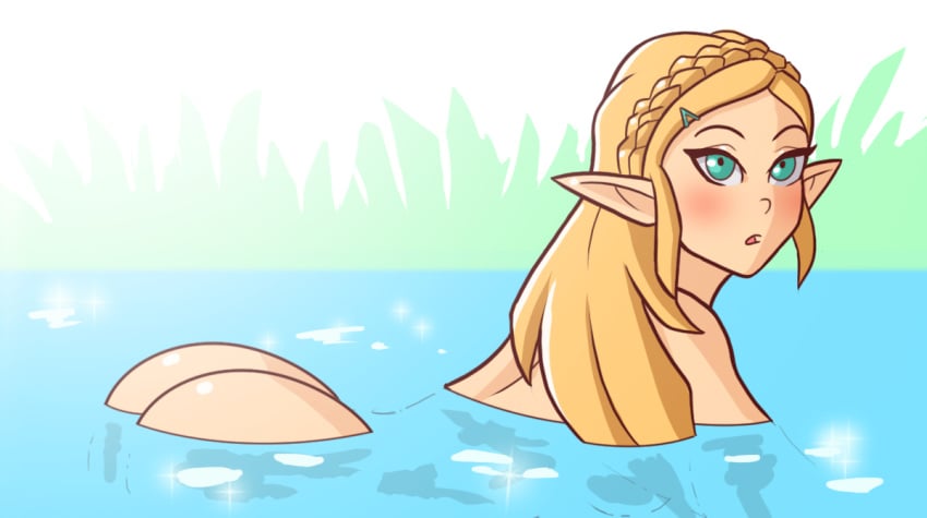 aqua_eyes ass blonde_hair blush braid breath_of_the_wild chemical_bro female french_braid hair_ornament hairclip long_hair looking_at_viewer nintendo nude open_mouth pointy_ears princess_zelda sidelocks solo the_legend_of_zelda tied_hair water zelda_(breath_of_the_wild)