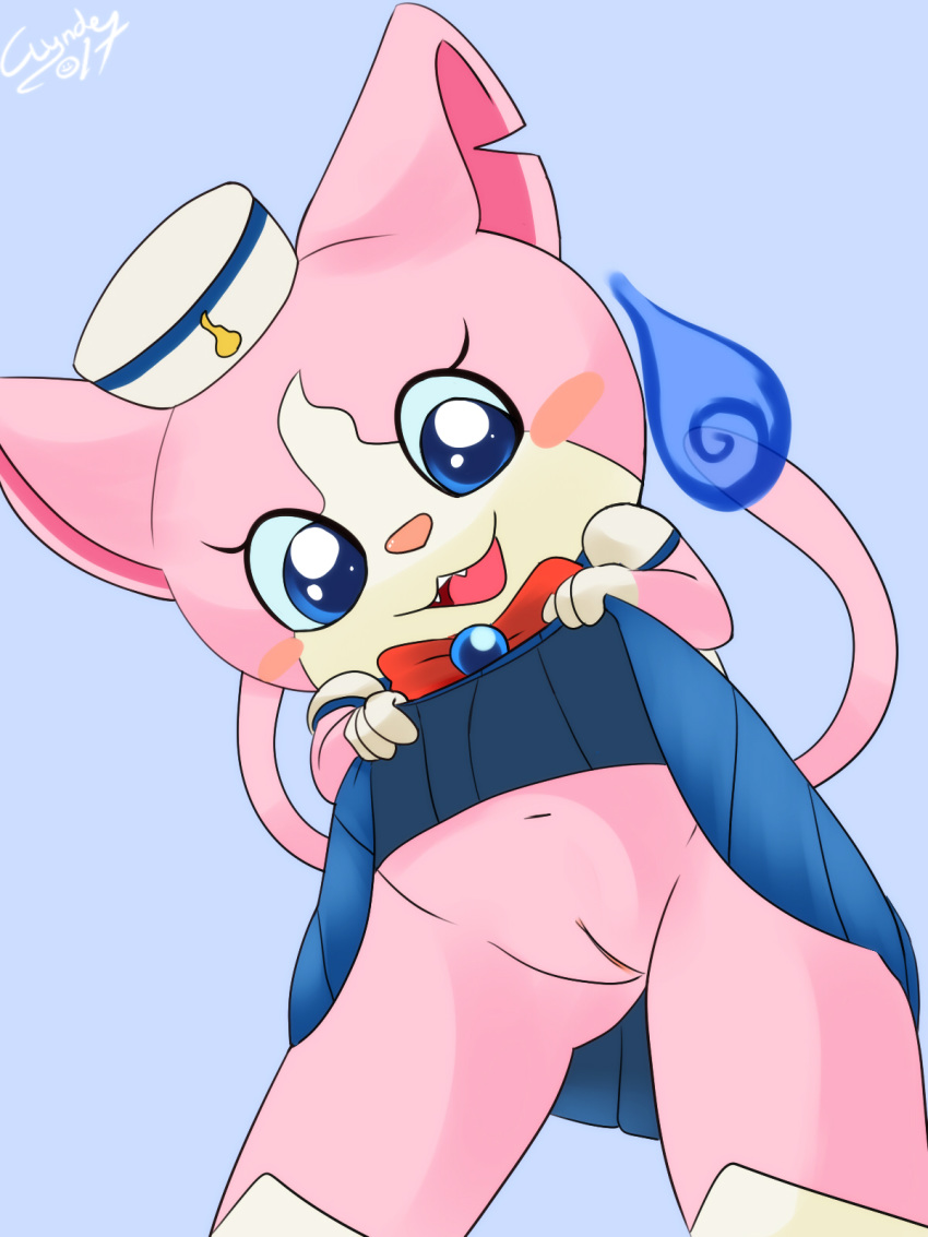 anthro blush bottomless clothed clothing clothing_lift clyndemoon feline female fur furry furry_only going_commando looking_at_viewer mammal navel no_panties open_mouth presenting presenting_pussy pussy sailor_fuku sailornyan skirt skirt_lift solo tail video_games yo-kai_watch