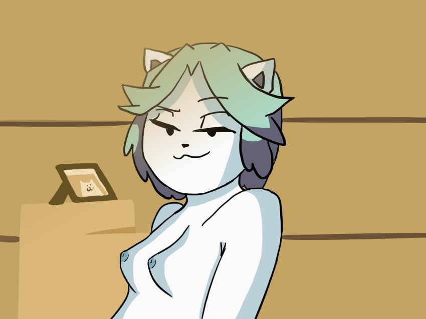 absurd_res animal_ears bikini bra breasts canine cutec3_(artist) dot_eyes edit feline female green_hair hair hi_res high_on_temmie_flakes highres humanoid looking_at_viewer naughty_face nipples simple_background smile solo temmie undertale video_games voluptuous