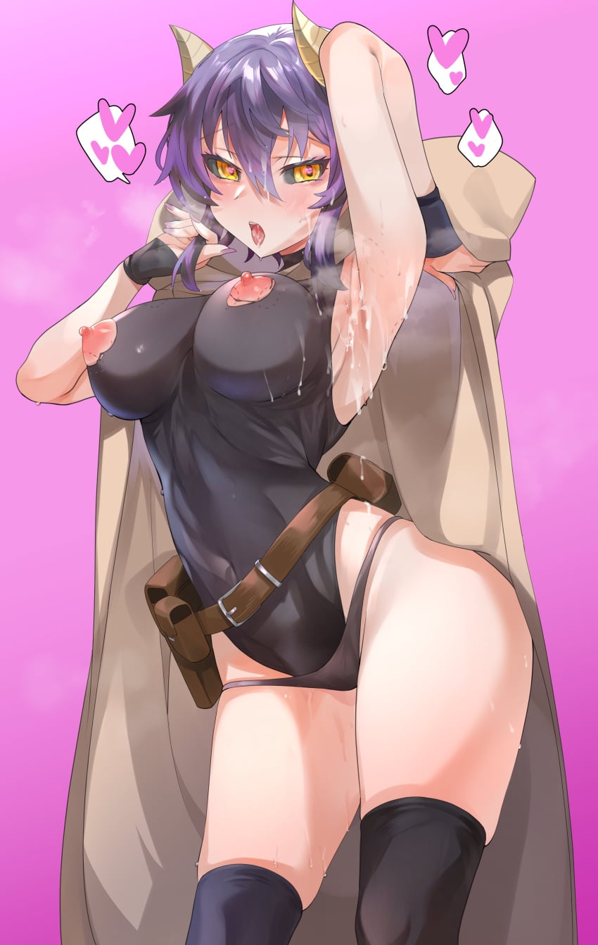 absurdres amona_jeane arm_up armpits belt black_sclera breasts cloak colored_sclera commentary covered_navel cum cum_on_body dark_summoner_to_dekite_iru demon_girl demon_horns female female_only gloves highleg highleg_leotard highres horns large_breasts leotard nail_polish nipples open_mouth panties purple_hair sharekoube simple_background skindentation solo sweat thighhighs torn_clothes underwear untranslatable_commentary yellow_eyes