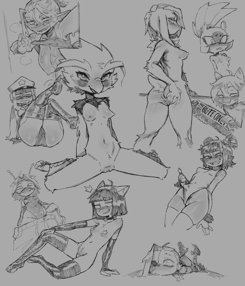 2026 2_horns 5_fingers absurd_res afrosoricid antennae_(anatomy) anthro anus armwear ass bangs beak beamerbruh big_breasts black_armwear black_clothing black_elbow_gloves black_gloves black_hair black_handwear black_legwear black_thigh_highs bodily_fluids breasts clothed clothing clothing_lift digital_drawing_(artwork) digital_media_(artwork) domestic_cat ear_piercing elbow_gloves eyebrows eyelashes feather_hair feathers felid feline felis female fingers genitals gloves grey_background hair handwear head_horn hi_res horn humanoid_pointy_ears idw_publishing legwear leotard looking_at_viewer looking_back mammal mask medium_breasts mephia_(colo) monochrome musk musk_cloud navel nipples non-mammal_breasts non-mammal_navel non-mammal_nipples non-mammal_vulva open_beak open_mouth pasties phoebe_(narley) piercing pointy_ears police police_hat pseudo_hair sega sharp_teeth shirt shirt_lift short_hair simple_background sketch_page small_breasts smile sonic_the_hedgehog_(comics) sonic_the_hedgehog_(idw) sonic_the_hedgehog_(series) spread_legs spreading surge_the_tenrec sweat sweaty_breasts tail teeth tenrec thick_eyebrows thigh_highs topwear vulva wearing_mask