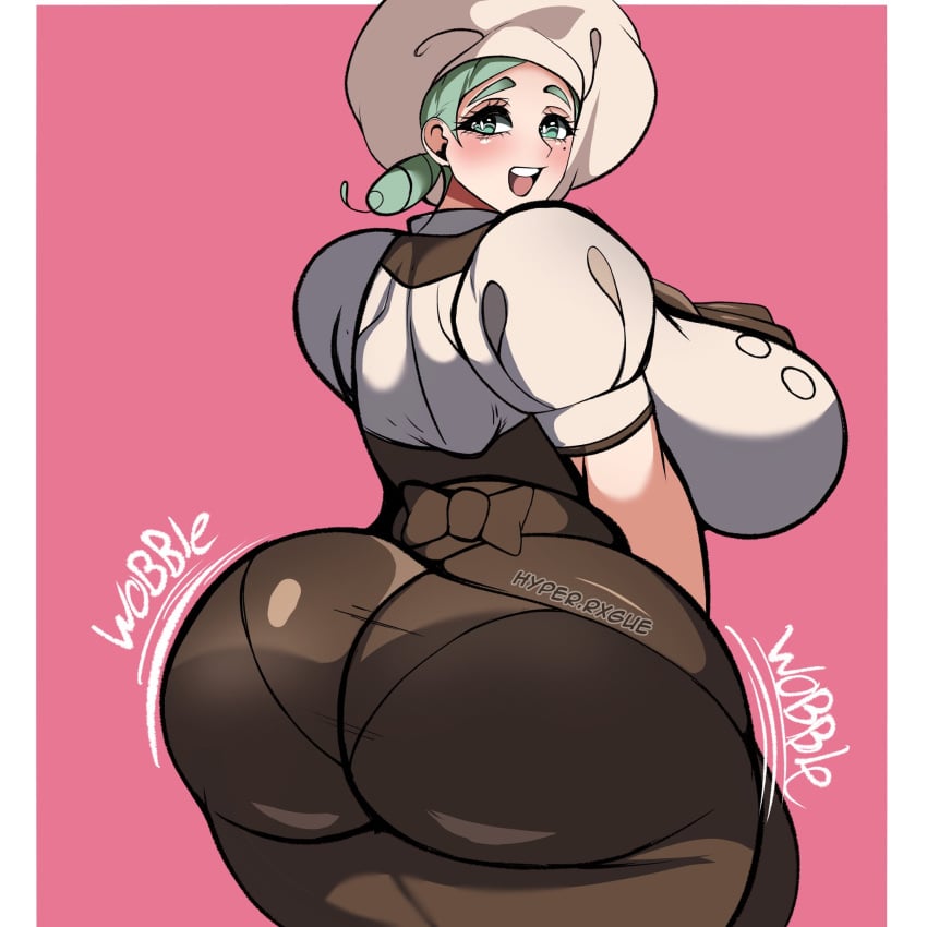 1girls ass big_ass big_breasts bottom_heavy breasts bubble_butt busty clothing fat_ass female female_only gluteal_fold green_eyes green_hair hat huge_ass huge_breasts hyperrxgue katy_(pokemon) large_ass large_breasts looking_at_viewer looking_back massive_ass pantylines pokemon solo thick_ass thick_thighs thunder_thighs wide_hips