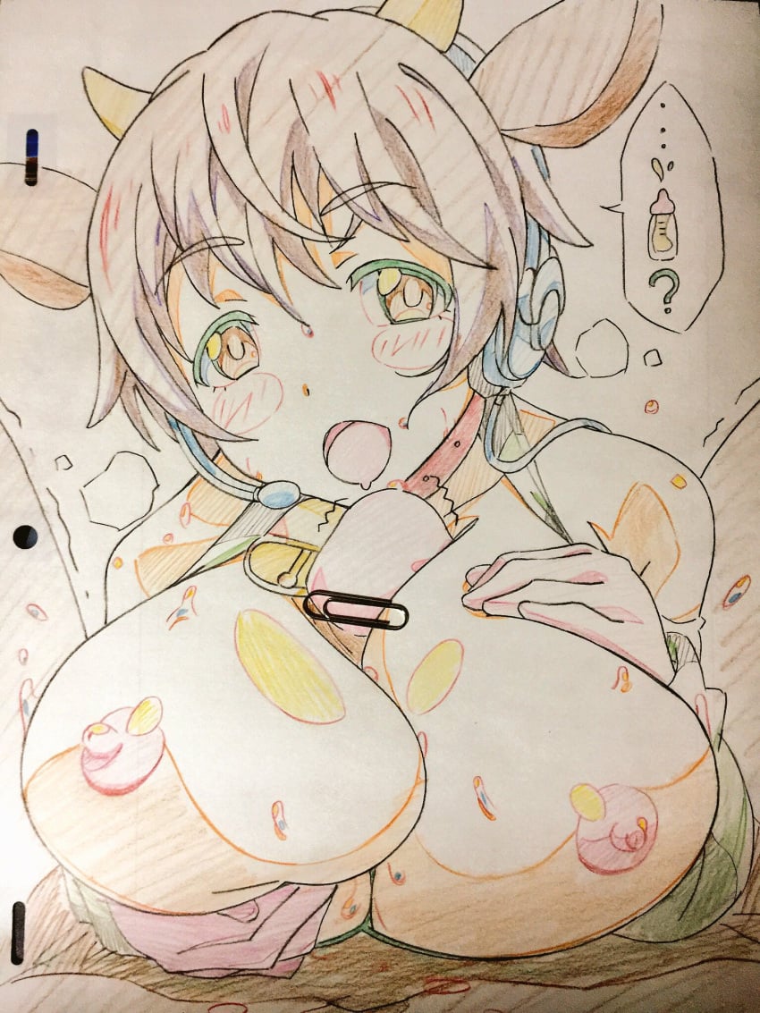 1boy animal_ears animal_print bare_shoulders bell bikini breasts breasts_squeezed_together brown_eyes brown_hair collar commentary_request cow_ears cow_horns cow_print cowbell detached_sleeves elbow_gloves fake_animal_ears fake_horns female gloves highres horns idolmaster idolmaster_cinderella_girls large_breasts looking_at_viewer neck_bell nipples oikawa_shizuku oikawa_shizuku_(moo_moo_fresh) open_mouth paizuri penis pink_gloves sharekoube short_hair straight swimsuit traditional_media white_bikini