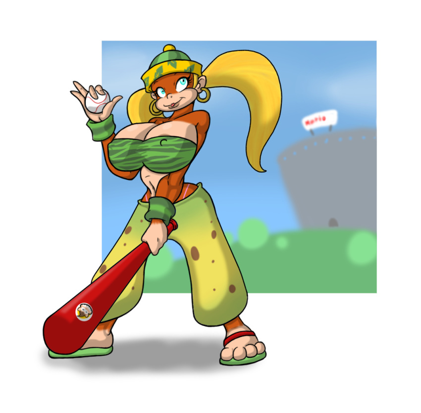 anthro ape areola areola_slip ball baseball_bat beanie big_breasts blonde_hair blue_eyes bracelets breasts donkey_kong_(series) ear_piercing erect_nipples female flip-flops flip_flops hair hat holding_ball hoop_earrings huge_breasts lordstevie mammal monkey nintendo nipples primate sandals solo stadium tied_hair tiny_kong tongue tongue_out twintails video_games whale_tail