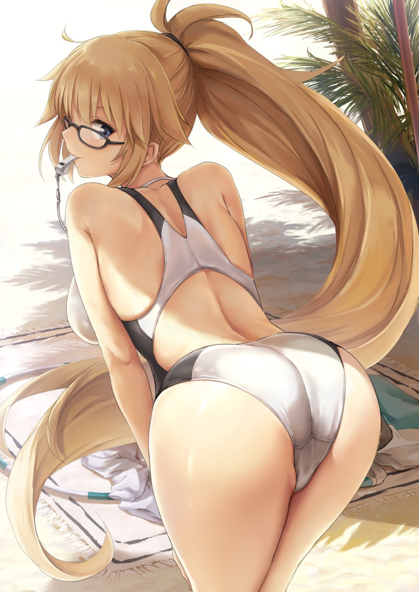 1girls akita_hika ass beach blonde_hair blue_eyes blush fate_(series) female female_only glasses jeanne_d'arc_(fate) jeanne_d'arc_(swimsuit_archer) looking_at_viewer looking_back one-piece_swimsuit ponytail solo swimsuit