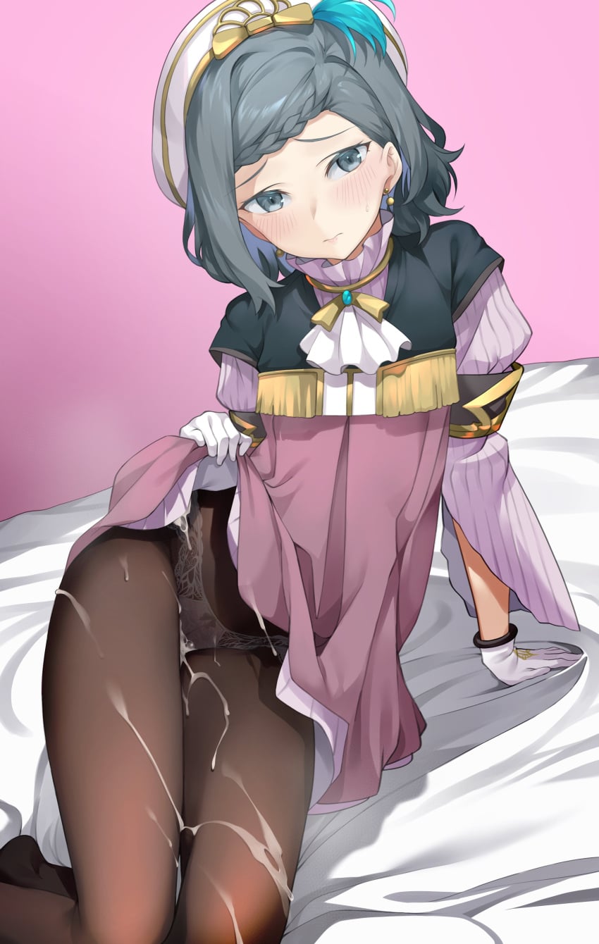 absurdres ascot beret black_dress blush braid braided_bangs breasts brooch brown_pantyhose clothes_lift commentary cum cum_on_body dress female female_only gloves grey_eyes grey_hair hat highres jewelry looking_at_viewer original panties panties_under_pantyhose pantyhose pink_dress sharekoube short_hair sitting small_breasts solo thighs two-tone_dress underwear untranslatable_commentary white_gloves white_hat white_panties