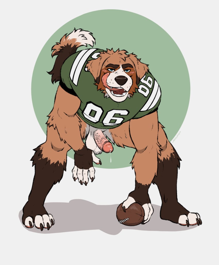 2025 anthro ball balls blue_eyes blush bodily_fluids bottomless bottomless_anthro bottomless_male brown_body brown_fur canid canine canis clothed clothing crouching domestic_dog erection football_jersey fur genital_fluids genitals gridiron_ball hi_res humanoid_genitalia humanoid_penis jersey labradorszn licking licking_lips male male_anthro mammal muscular muscular_anthro muscular_male penis pink_penis precum precum_string shirt solo sweat tail tan_body tan_fur teeth tongue tongue_out topwear vein veiny_penis white_body white_fur
