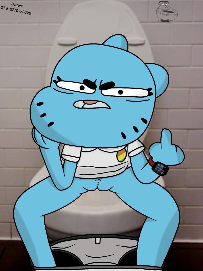 angry annoyed anthro bathroom being_watched bottomwear bottomwear_down camera_view cartoon_network clitoris clothed clothing domestic_cat felid feline felis female genitals gesture hand_gesture hi_res hidden_camera looking_at_another looking_at_viewer mammal mature_female middle_finger nicole_watterson panties panties_down pants pants_down partially_clothed pubes recording scat skirt_down solo spread_legs spreading the_amazing_world_of_gumball thedispenser69 toilet toilet_use underwear underwear_down voyeur vulva